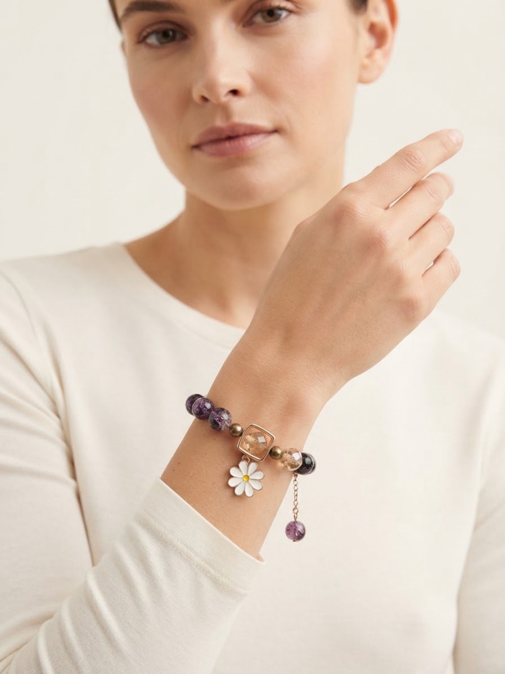 Gold & Purple Bead Daisy Charm Bracelet